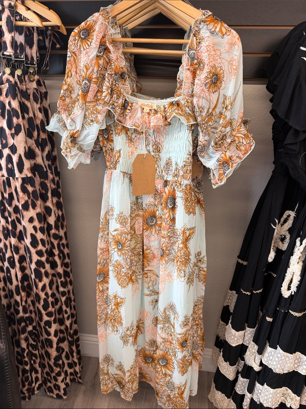 Floral Smocked Midi Dress in Light Blue and Brown - Picture 5 of 5